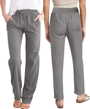 Linen Pants Women Hight Waisted Trousers Pants with Pockets Ladies Elastic Waist Trousers Wide Leg Straight Pants