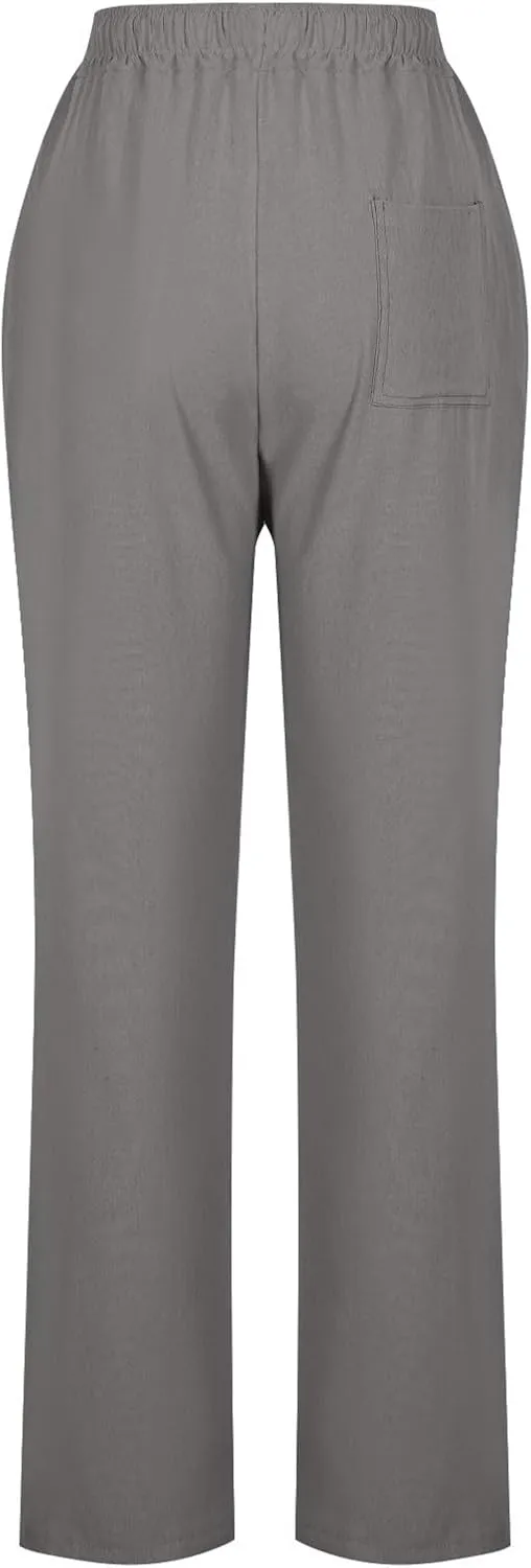 Linen Pants Women Hight Waisted Trousers Pants with Pockets Ladies Elastic Waist Trousers Wide Leg Straight Pants