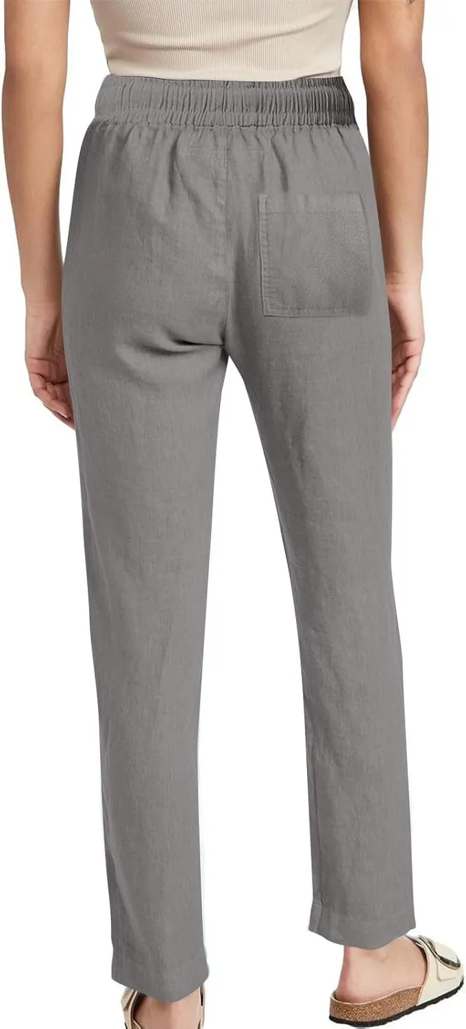 Linen Pants Women Hight Waisted Trousers Pants with Pockets Ladies Elastic Waist Trousers Wide Leg Straight Pants