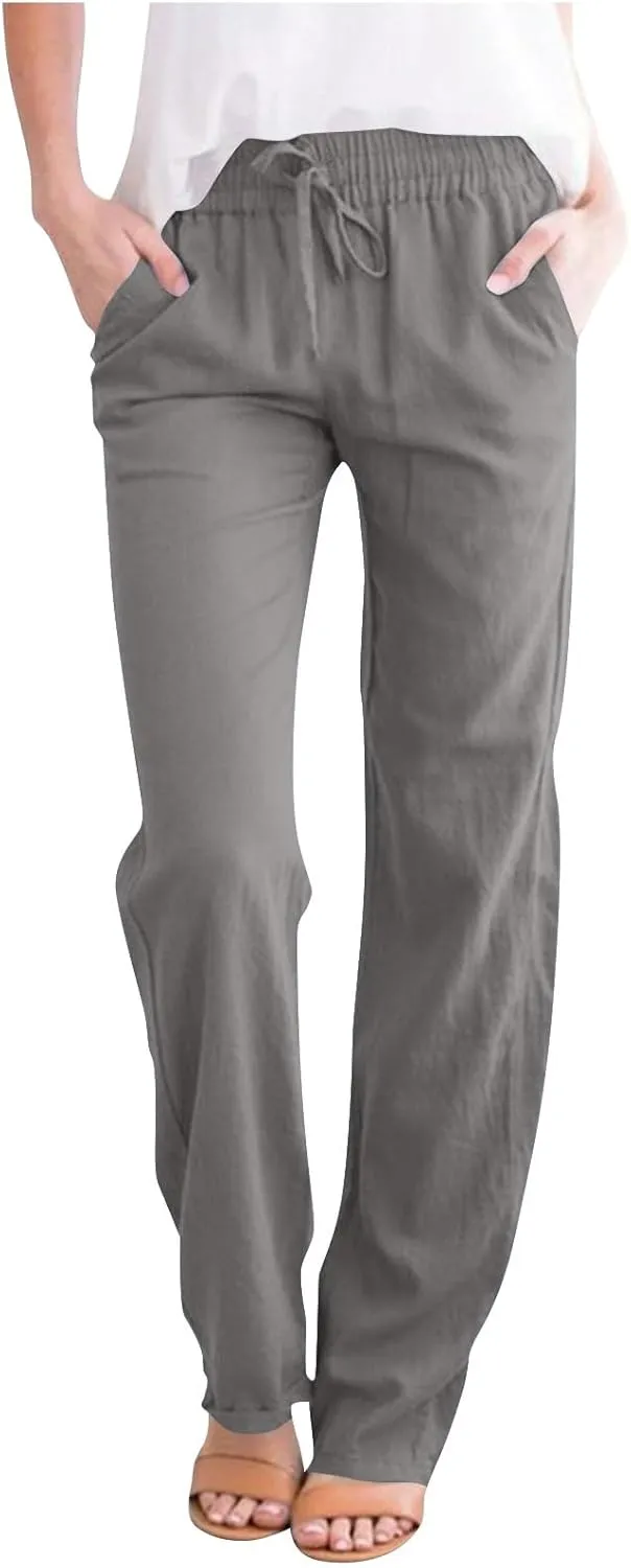 Linen Pants Women Hight Waisted Trousers Pants with Pockets Ladies Elastic Waist Trousers Wide Leg Straight Pants