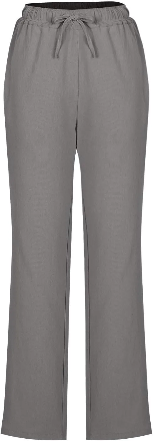 Linen Pants Women Hight Waisted Trousers Pants with Pockets Ladies Elastic Waist Trousers Wide Leg Straight Pants