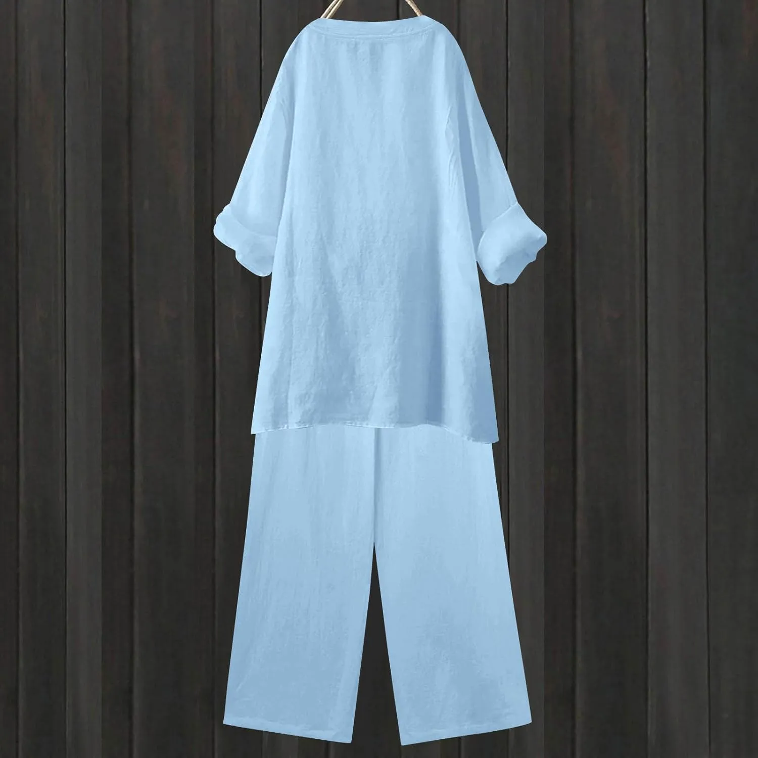 Linen Sets for Women 2 Piece Long Sleeve Button Tops Shirt & Wide Leg Pants with Pockets Dressy Linen Outfits