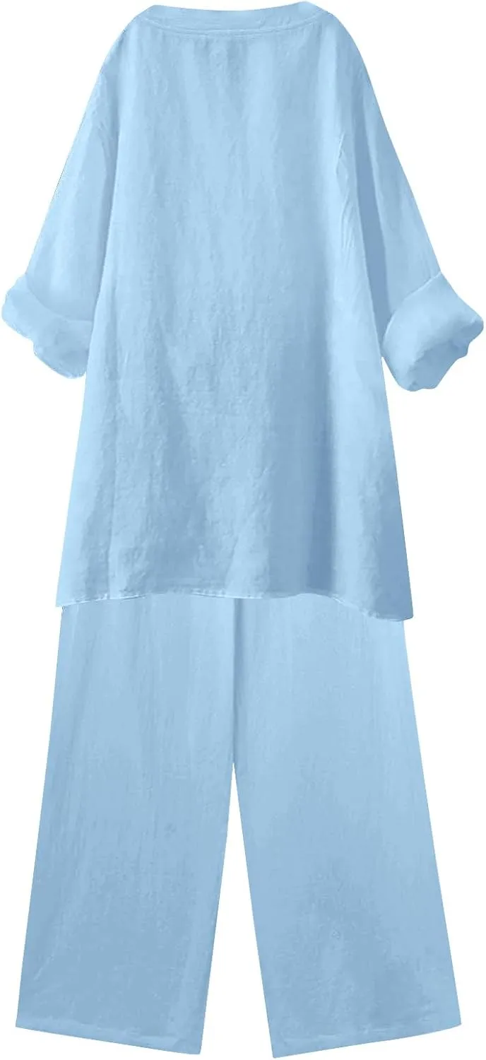 Linen Sets for Women 2 Piece Long Sleeve Button Tops Shirt & Wide Leg Pants with Pockets Dressy Linen Outfits