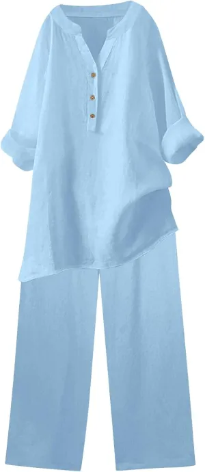 Linen Sets for Women 2 Piece Long Sleeve Button Tops Shirt & Wide Leg Pants with Pockets Dressy Linen Outfits