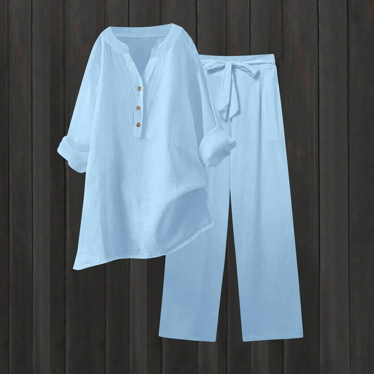 Linen Sets for Women 2 Piece Long Sleeve Button Tops Shirt & Wide Leg Pants with Pockets Dressy Linen Outfits