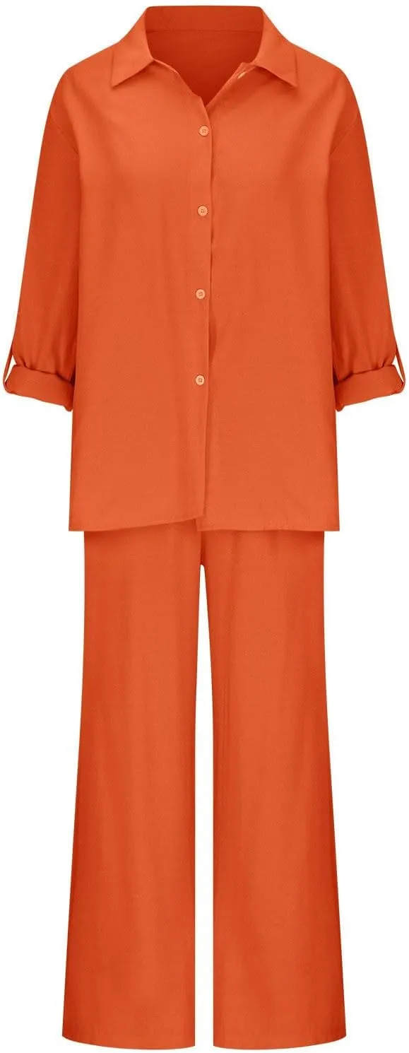 Linen Sets for Women 2 Piece Long Sleeve Shirts & Wide Leg Trousers Loose Fit Dressy Cotton Linen Sets Outfits