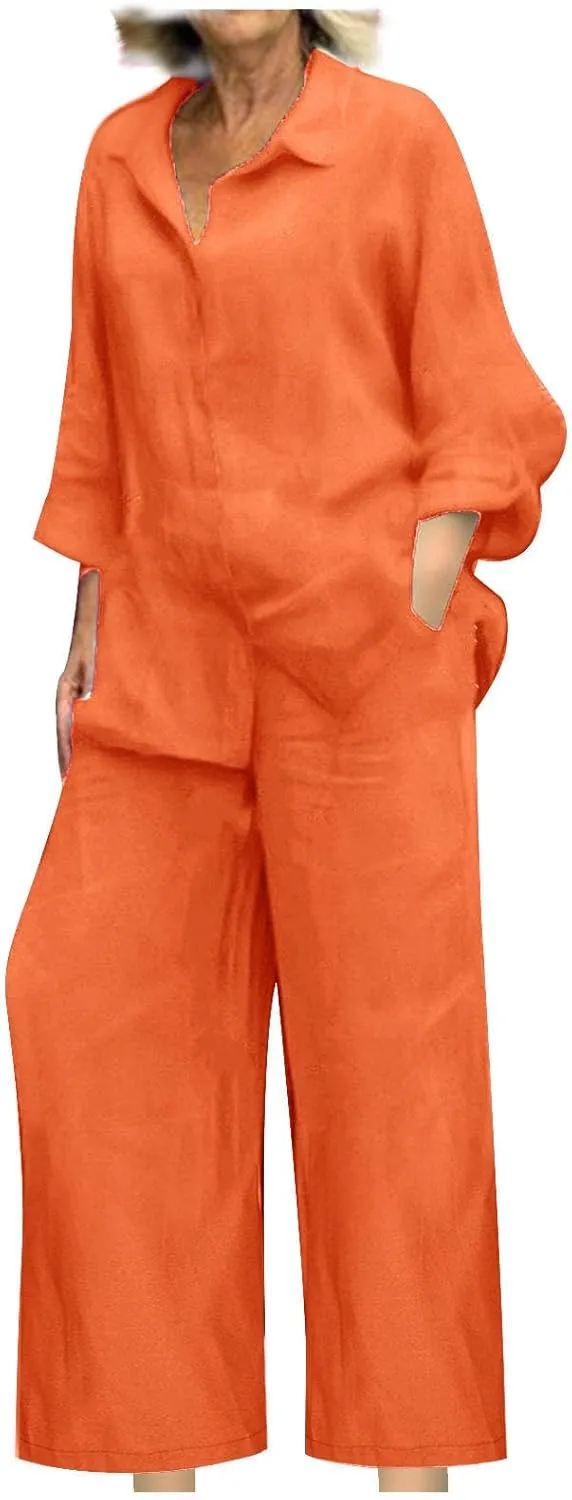 Linen Sets for Women 2 Piece Long Sleeve Shirts & Wide Leg Trousers Loose Fit Dressy Cotton Linen Sets Outfits