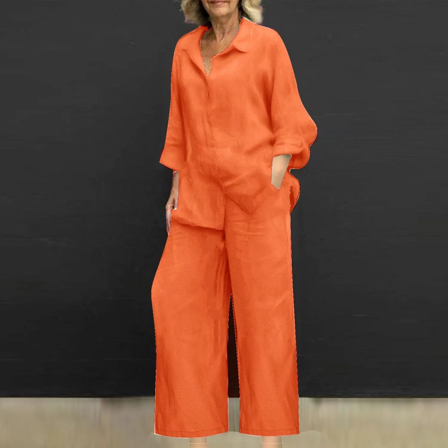 Linen Sets for Women 2 Piece Long Sleeve Shirts & Wide Leg Trousers Loose Fit Dressy Cotton Linen Sets Outfits