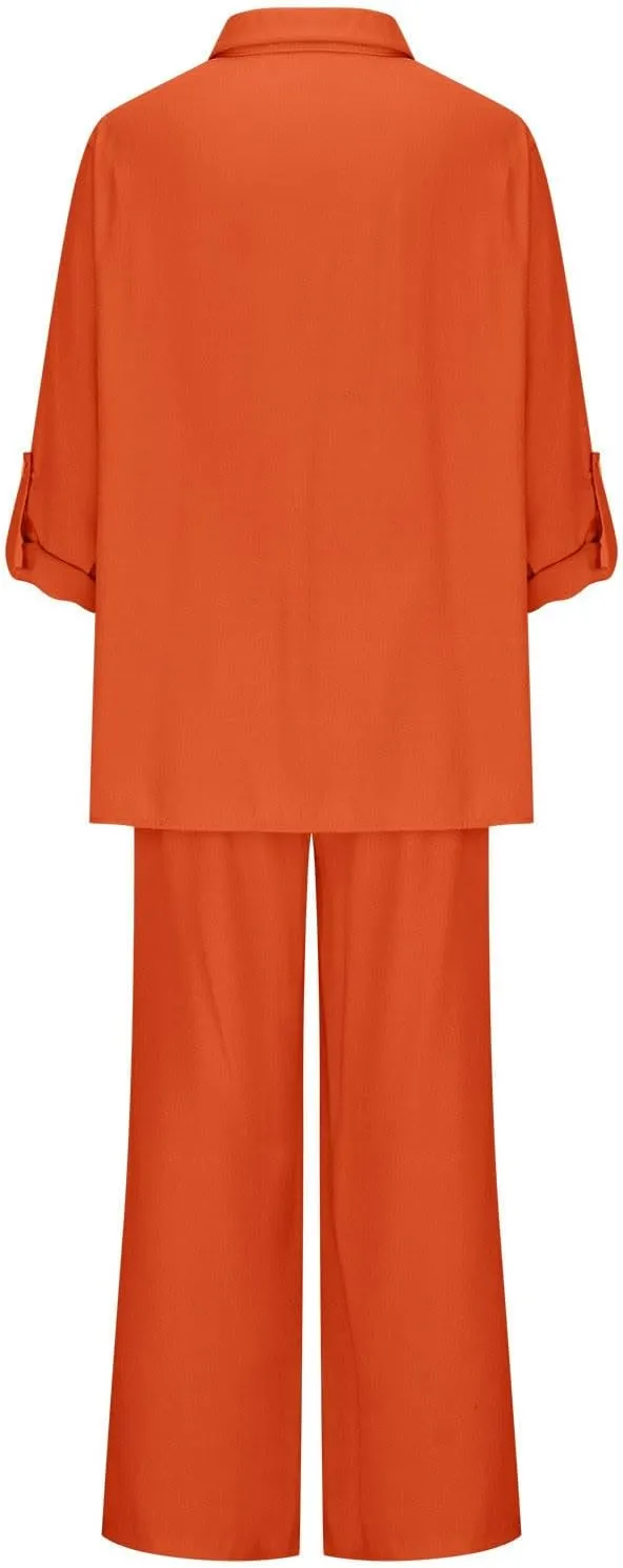 Linen Sets for Women 2 Piece Long Sleeve Shirts & Wide Leg Trousers Loose Fit Dressy Cotton Linen Sets Outfits