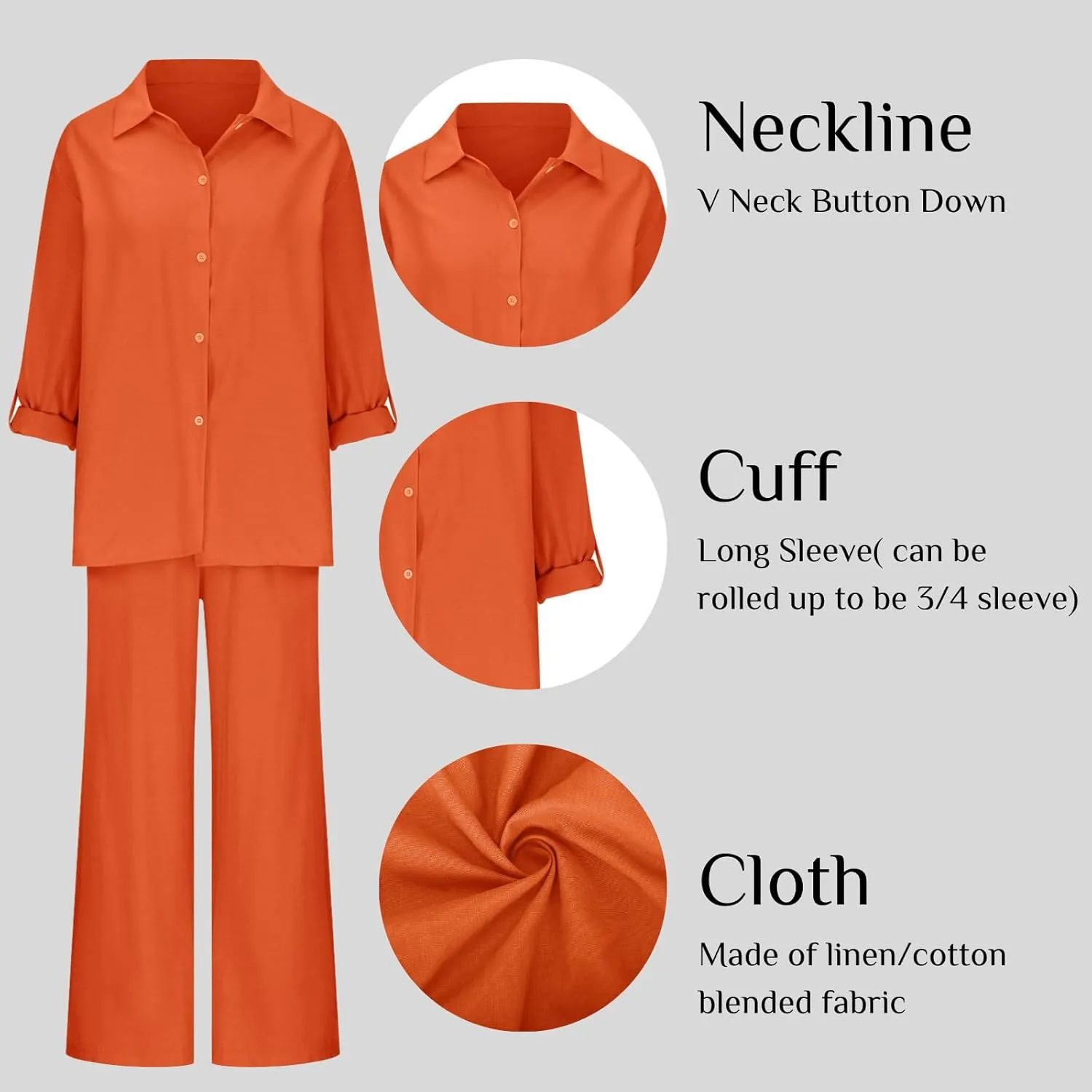 Linen Sets for Women 2 Piece Long Sleeve Shirts & Wide Leg Trousers Loose Fit Dressy Cotton Linen Sets Outfits