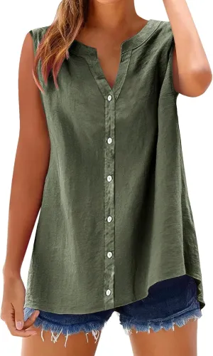 Linen Shirts for Women V Neck Tank Tops Dressy Casual Sleeveless Shirt Loose Fit Button Down Blouse Office Outfits