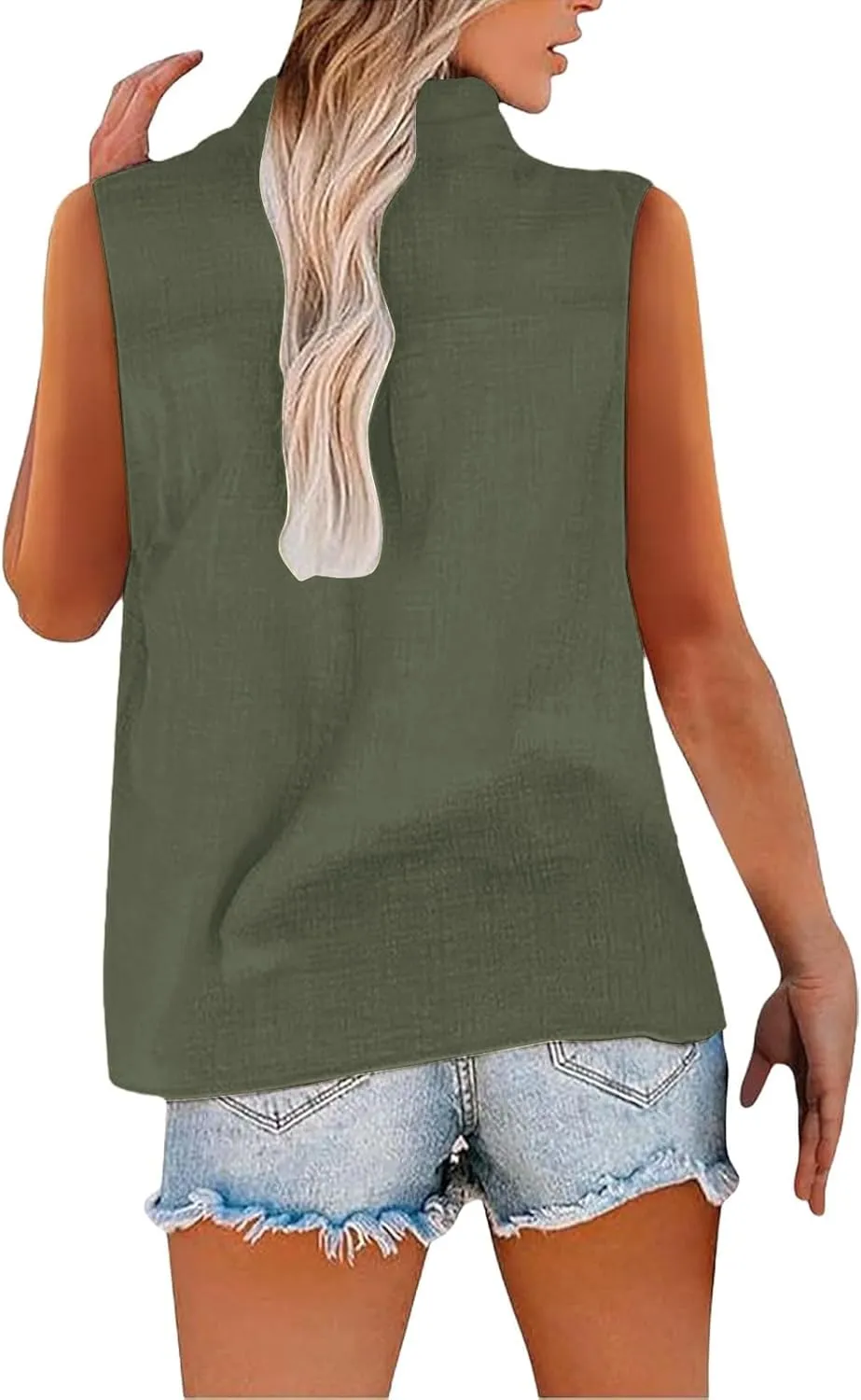 Linen Shirts for Women V Neck Tank Tops Dressy Casual Sleeveless Shirt Loose Fit Button Down Blouse Office Outfits