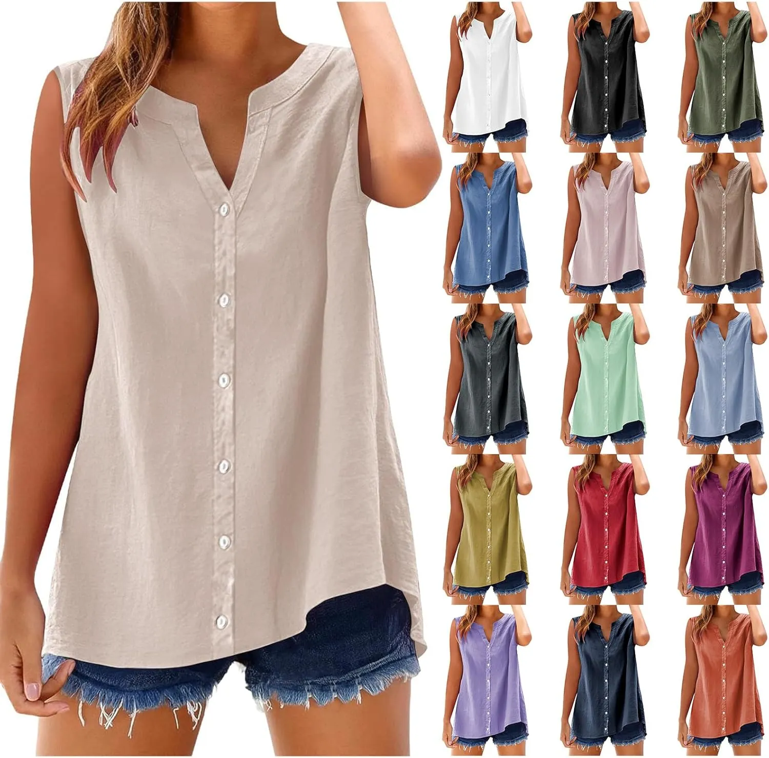 Linen Shirts for Women V Neck Tank Tops Dressy Casual Sleeveless Shirt Loose Fit Button Down Blouse Office Outfits