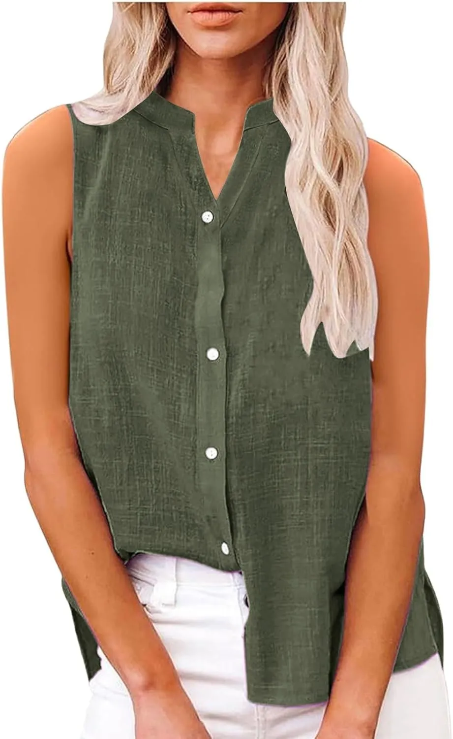 Linen Shirts for Women V Neck Tank Tops Dressy Casual Sleeveless Shirt Loose Fit Button Down Blouse Office Outfits