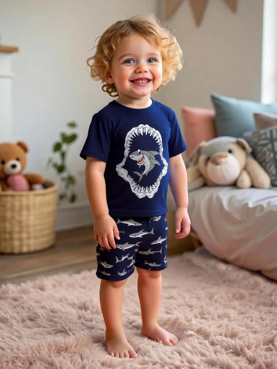 Little Boys Short Set Pajamas for Boys 100% Cotton Toddler Train Dinosaur Sleepwear Summer Clothes Size 2-7T