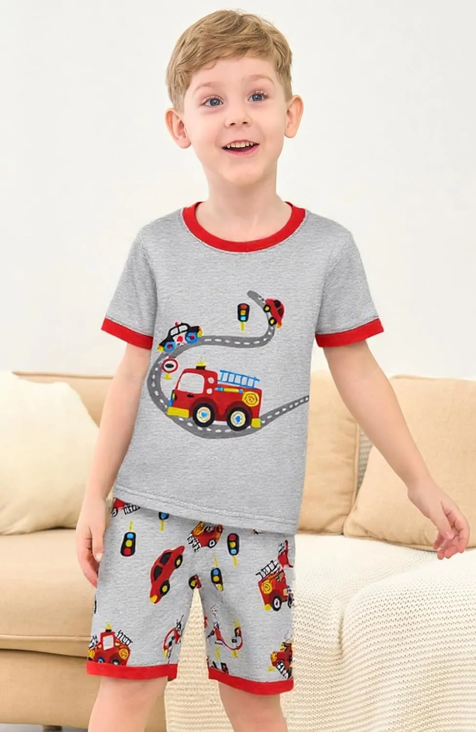 Little Boys Short Set Pajamas for Boys 100% Cotton Toddler Train Dinosaur Sleepwear Summer Clothes Size 2-7T