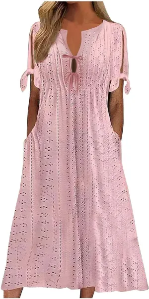 Long Maxi Long Dresses for Women 2025 Trendy Short Sleeve Eyelet Tshirt Dress Casual Summer Beach Vacation Sundresses