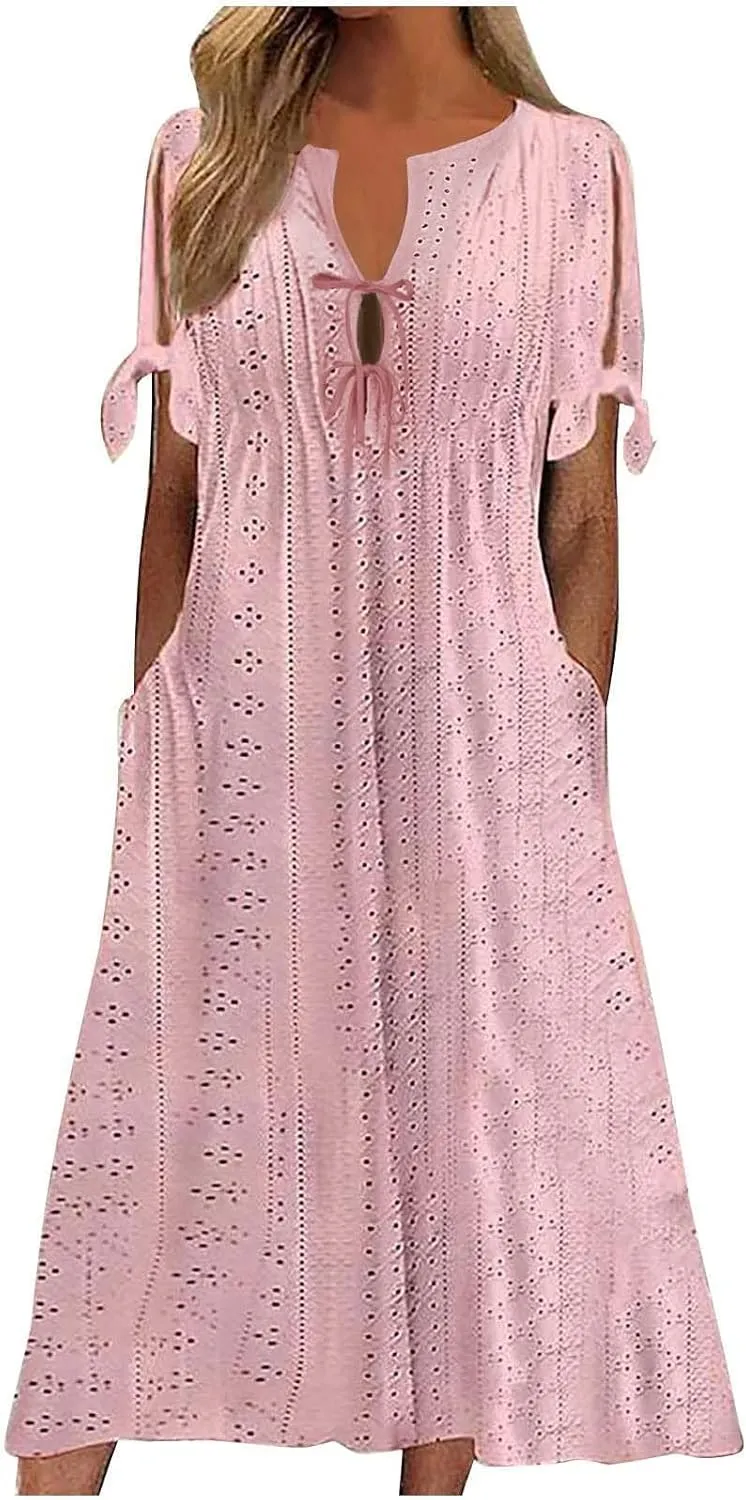 Long Maxi Long Dresses for Women 2025 Trendy Short Sleeve Eyelet Tshirt Dress Casual Summer Beach Vacation Sundresses