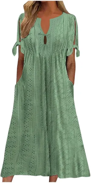 Long Maxi Long Dresses for Women 2025 Trendy Short Sleeve Eyelet Tshirt Dress Casual Summer Beach Vacation Sundresses