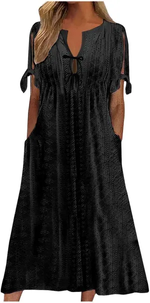 Long Maxi Long Dresses for Women 2025 Trendy Short Sleeve Eyelet Tshirt Dress Casual Summer Beach Vacation Sundresses