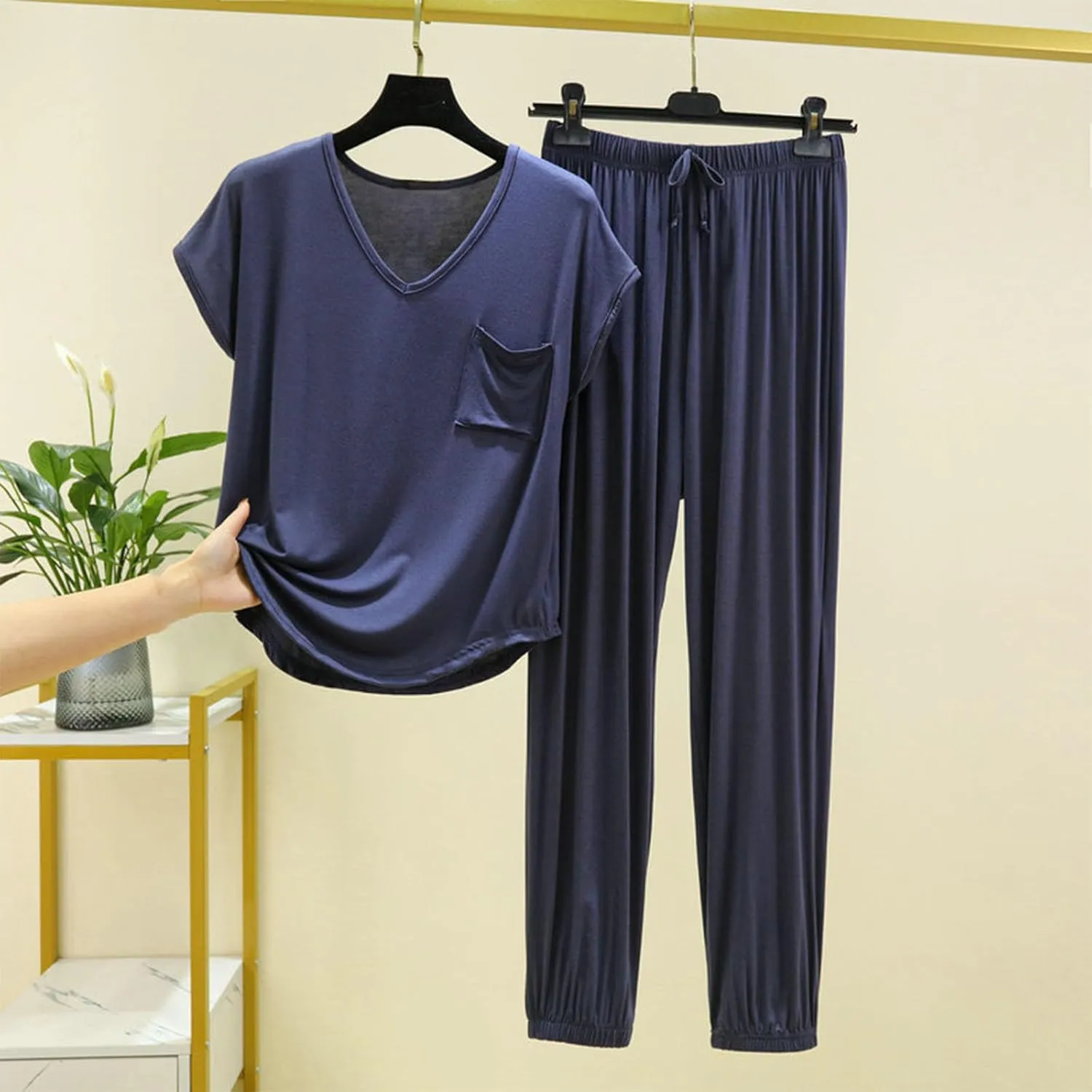 Lounge Sets for Women 2 Piece Outfits Short Sleeve Pullover Tops Drawstring Wide Leg Pants Loungewear Soft Sleepwear