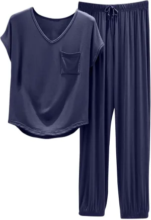 Lounge Sets for Women 2 Piece Outfits Short Sleeve Pullover Tops Drawstring Wide Leg Pants Loungewear Soft Sleepwear