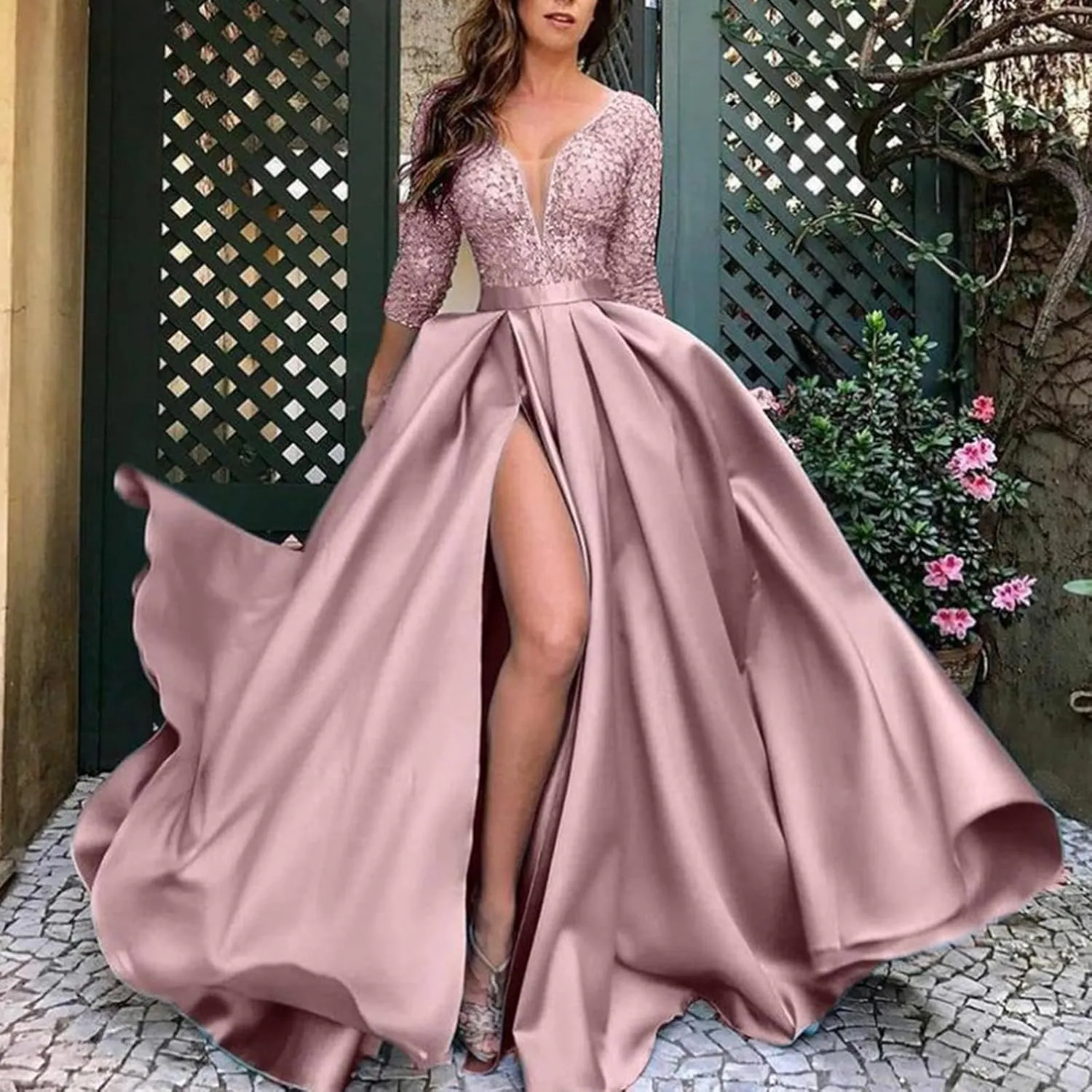 Lpmadey Women's Sexy Deep V Neck Maxi Dress Long Sleeve Patchwork Sequin High Slit Evening Dresses Sparkly Elegant Prom Dress