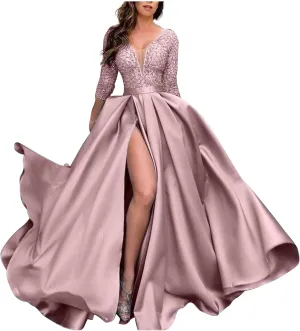 Lpmadey Women's Sexy Deep V Neck Maxi Dress Long Sleeve Patchwork Sequin High Slit Evening Dresses Sparkly Elegant Prom Dress