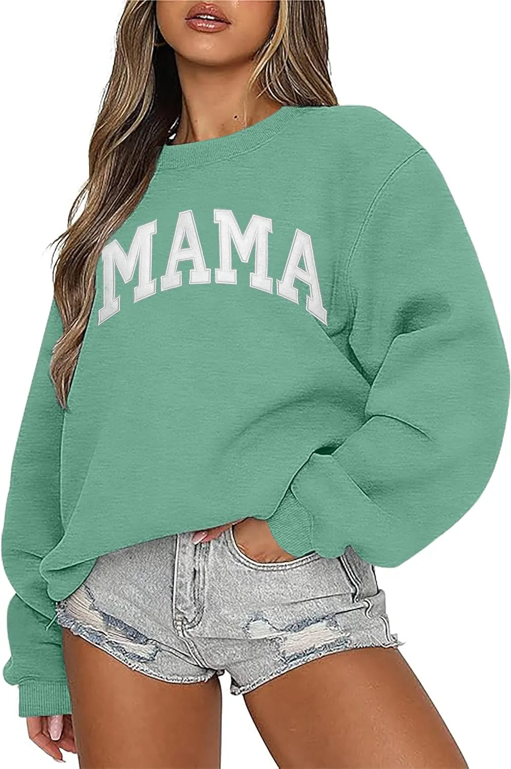 Mama Sweatshirts for Women Embroidered Mama Shirt Oversized Mom Crewneck Pullover Hoodies Long Sleeve