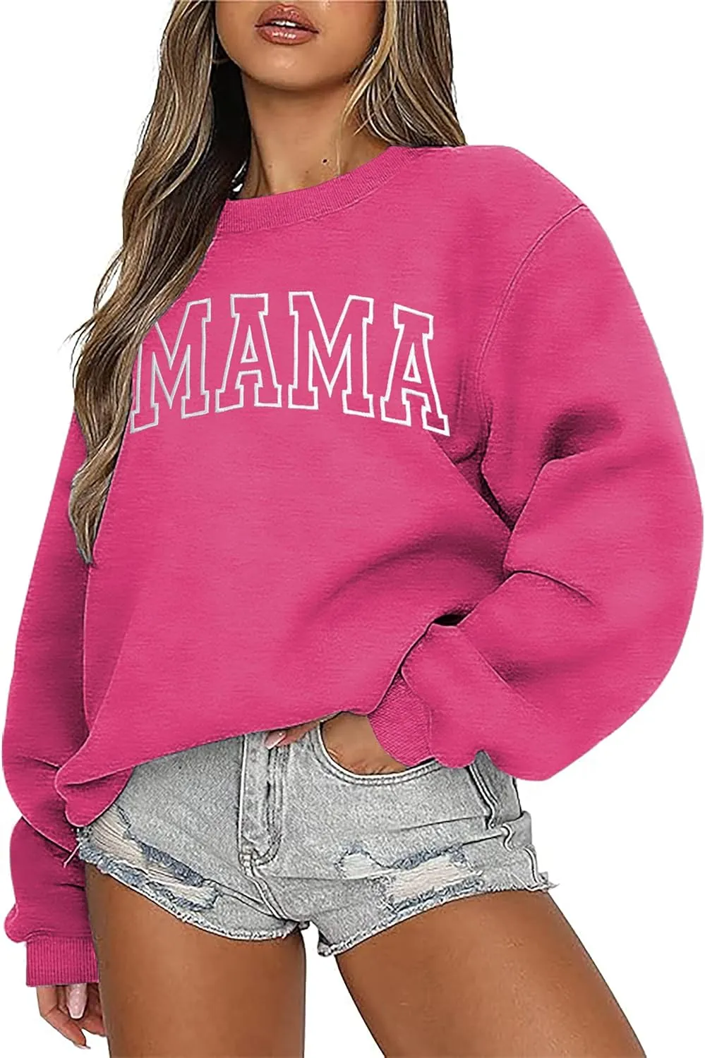 Mama Sweatshirts for Women Embroidered Mama Shirt Oversized Mom Crewneck Pullover Hoodies Long Sleeve