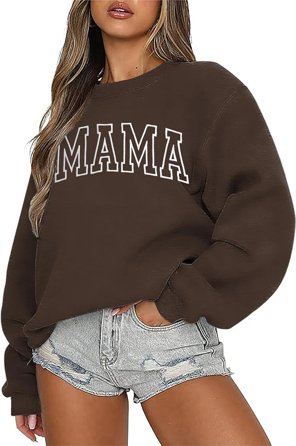 Mama Sweatshirts for Women Embroidered Mama Shirt Oversized Mom Crewneck Pullover Hoodies Long Sleeve