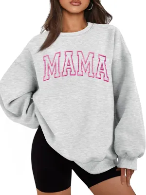 Mama Sweatshirts for Women Embroidered Mama Shirt Oversized Mom Crewneck Pullover Hoodies Long Sleeve