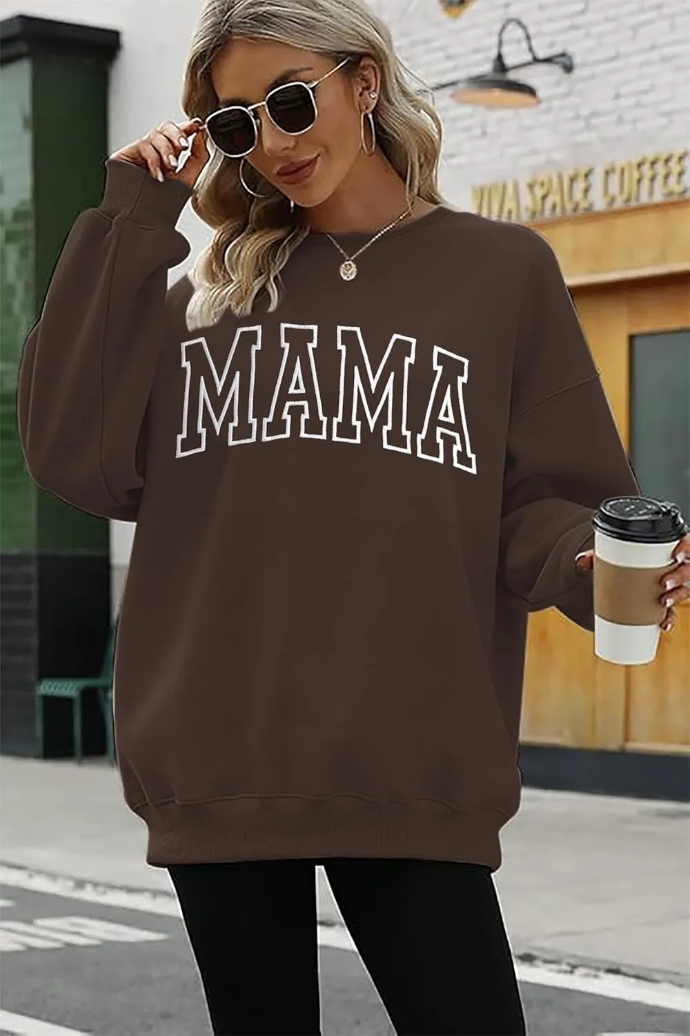 Mama Sweatshirts for Women Embroidered Mama Shirt Oversized Mom Crewneck Pullover Hoodies Long Sleeve