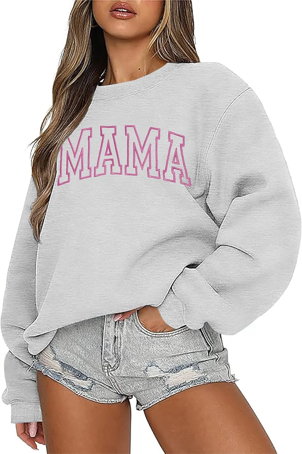 Mama Sweatshirts for Women Embroidered Mama Shirt Oversized Mom Crewneck Pullover Hoodies Long Sleeve