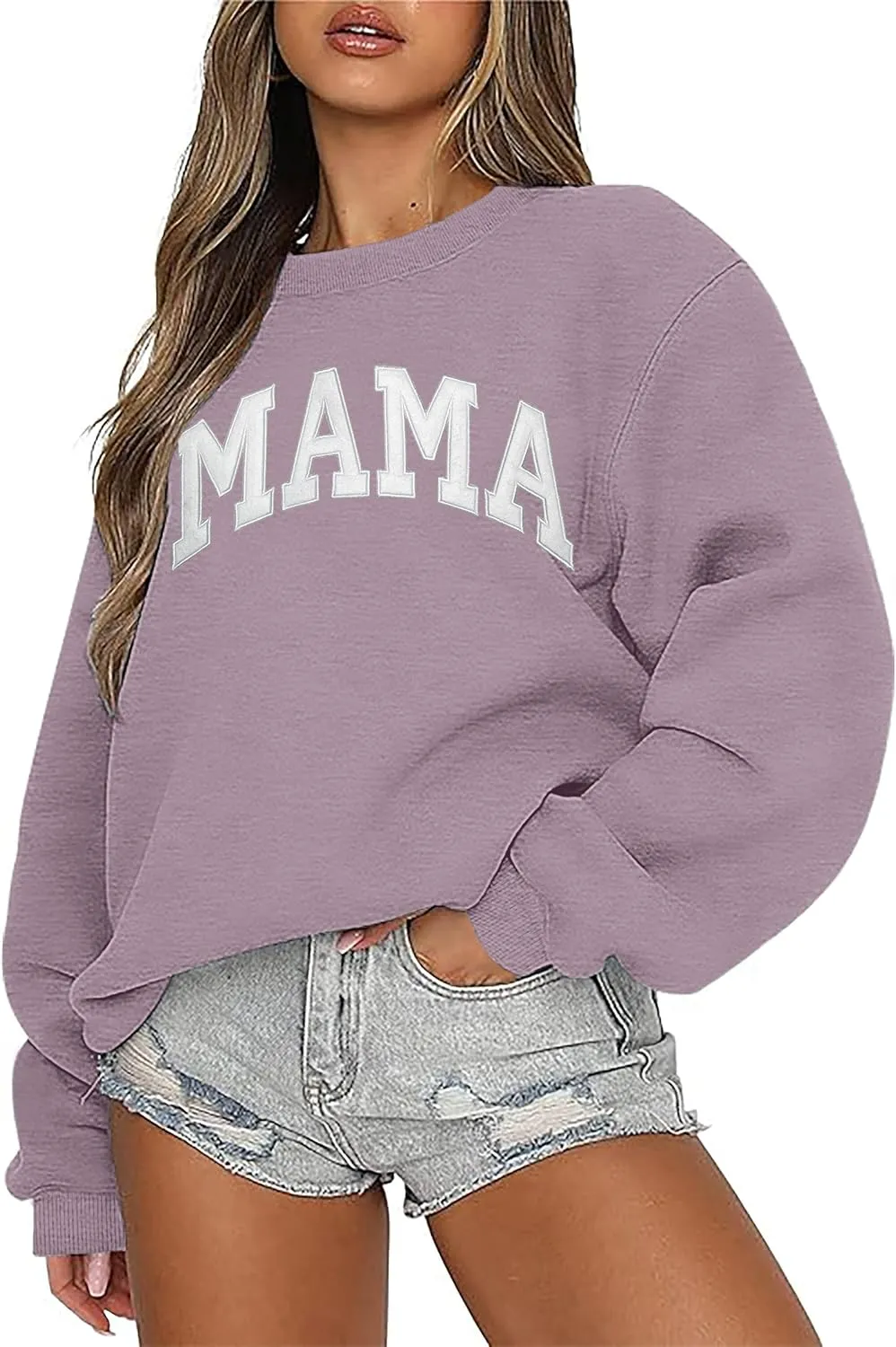 Mama Sweatshirts for Women Embroidered Mama Shirt Oversized Mom Crewneck Pullover Hoodies Long Sleeve