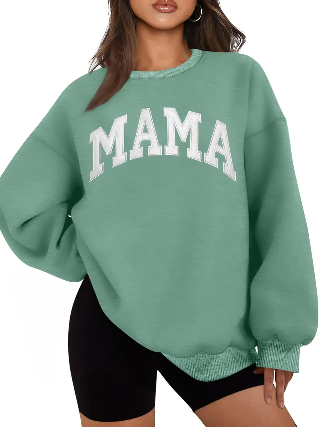 Mama Sweatshirts for Women Embroidered Mama Shirt Oversized Mom Crewneck Pullover Hoodies Long Sleeve