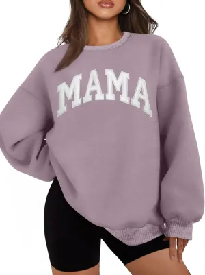 Mama Sweatshirts for Women Embroidered Mama Shirt Oversized Mom Crewneck Pullover Hoodies Long Sleeve