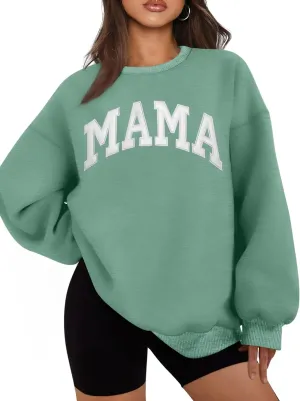 Mama Sweatshirts for Women Embroidered Mama Shirt Oversized Mom Crewneck Pullover Hoodies Long Sleeve