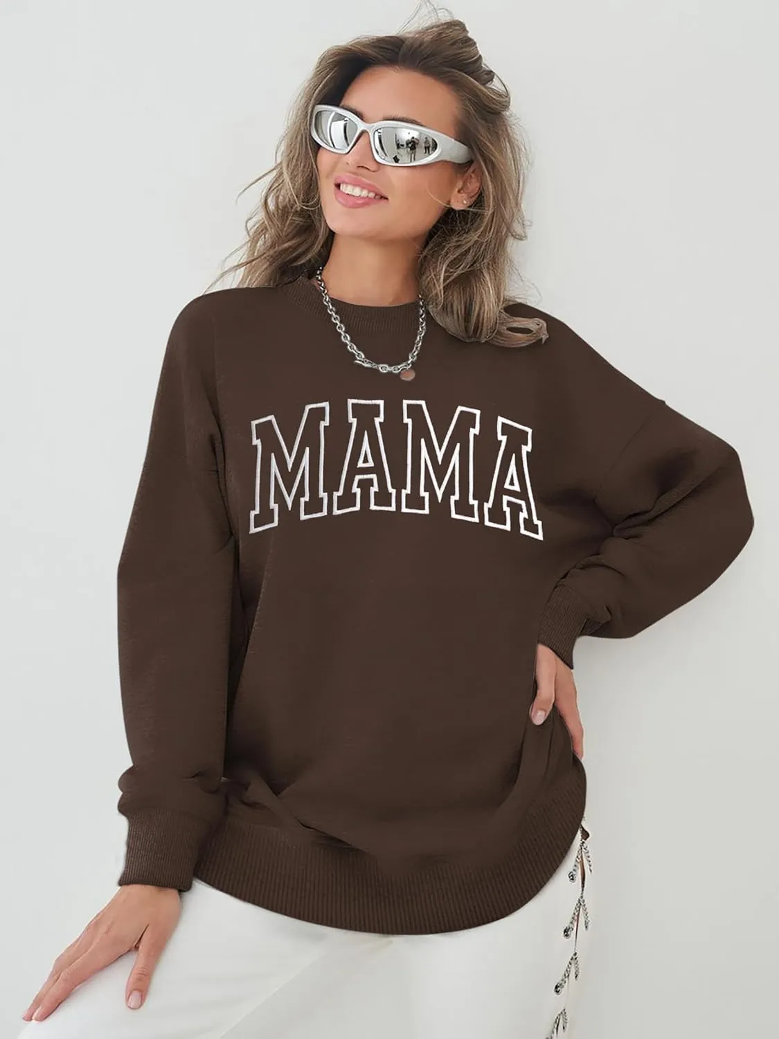Mama Sweatshirts for Women Embroidered Mama Shirt Oversized Mom Crewneck Pullover Hoodies Long Sleeve