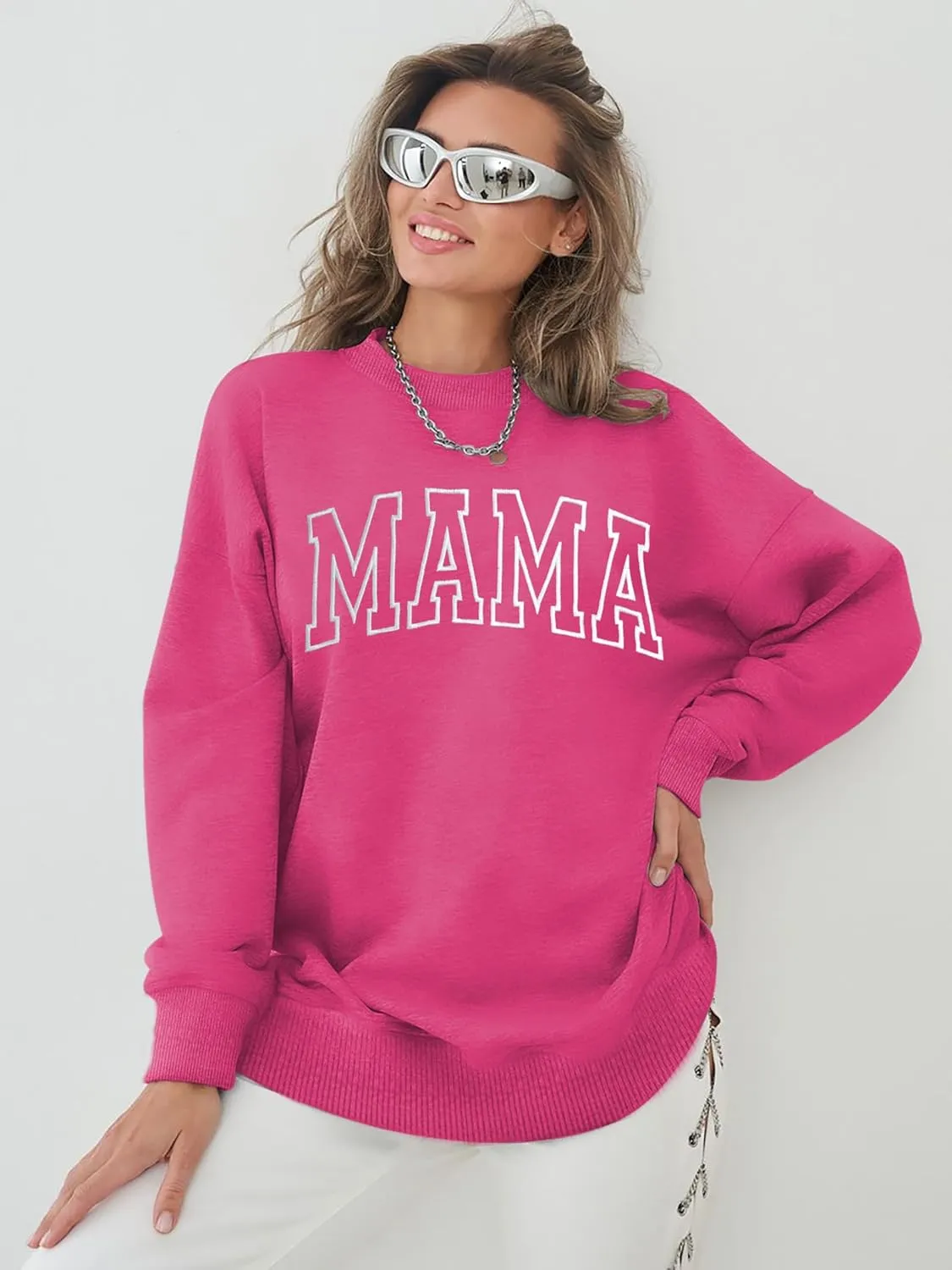Mama Sweatshirts for Women Embroidered Mama Shirt Oversized Mom Crewneck Pullover Hoodies Long Sleeve
