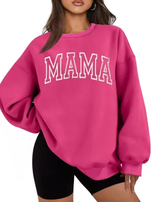 Mama Sweatshirts for Women Embroidered Mama Shirt Oversized Mom Crewneck Pullover Hoodies Long Sleeve