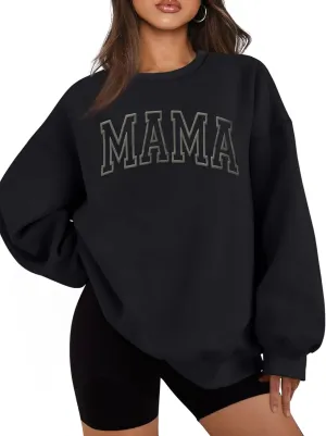Mama Sweatshirts for Women Embroidered Mama Shirt Oversized Mom Crewneck Pullover Hoodies Long Sleeve