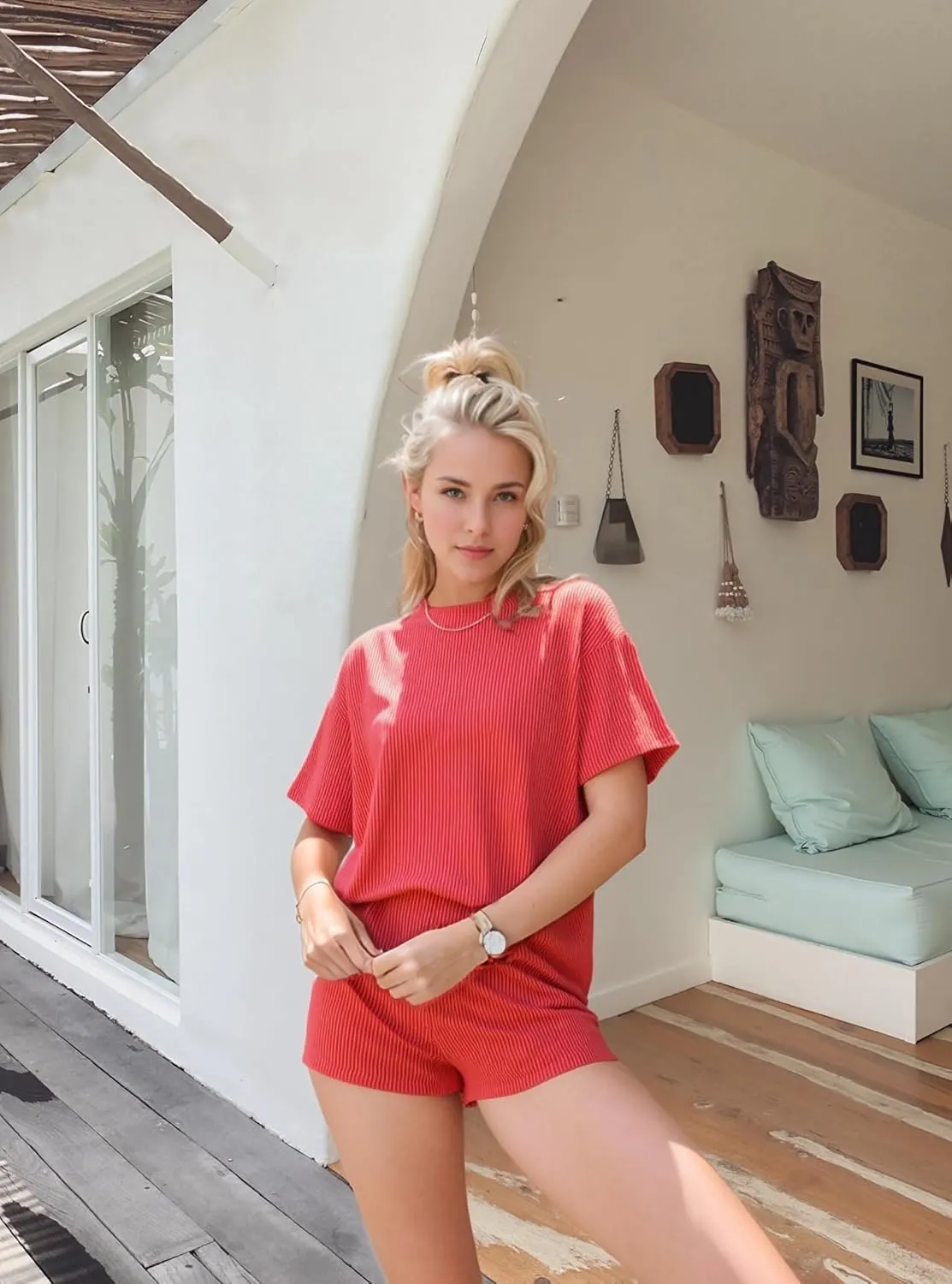 MARZXIN Women's 2 Piece Outfits Summer Tracksuit Ribbed Textured Knit Loose Lounge Shorts Set