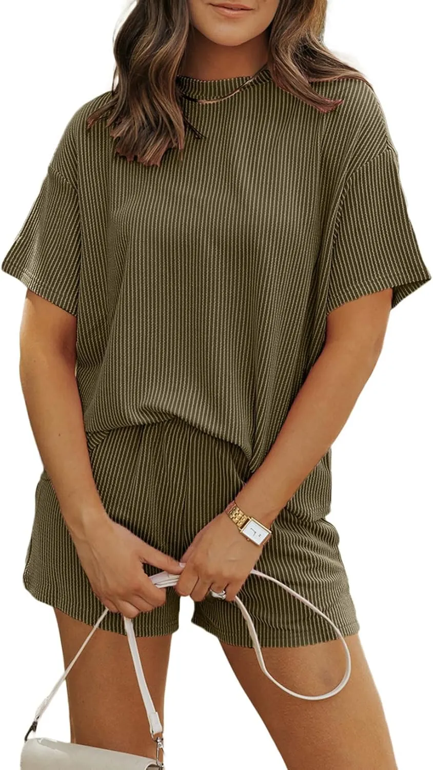 MARZXIN Women's 2 Piece Outfits Summer Tracksuit Ribbed Textured Knit Loose Lounge Shorts Set