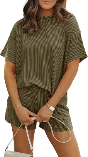 MARZXIN Women's 2 Piece Outfits Summer Tracksuit Ribbed Textured Knit Loose Lounge Shorts Set