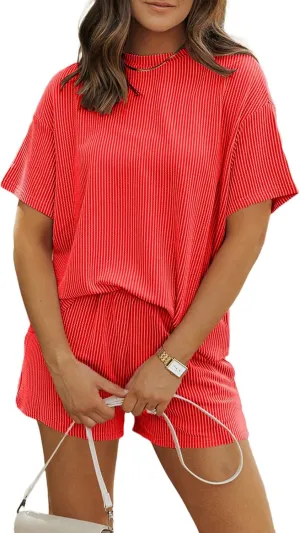 MARZXIN Women's 2 Piece Outfits Summer Tracksuit Ribbed Textured Knit Loose Lounge Shorts Set