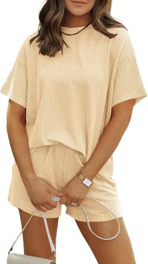MARZXIN Women's 2 Piece Outfits Summer Tracksuit Ribbed Textured Knit Loose Lounge Shorts Set
