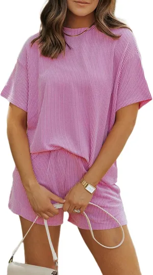 MARZXIN Women's 2 Piece Outfits Summer Tracksuit Ribbed Textured Knit Loose Lounge Shorts Set