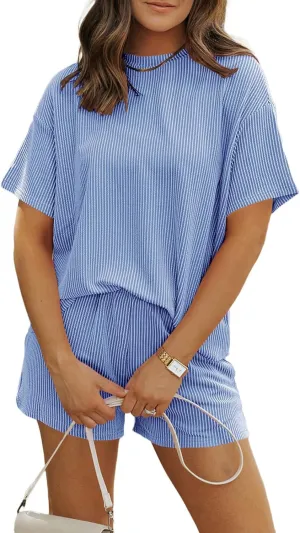 MARZXIN Women's 2 Piece Outfits Summer Tracksuit Ribbed Textured Knit Loose Lounge Shorts Set