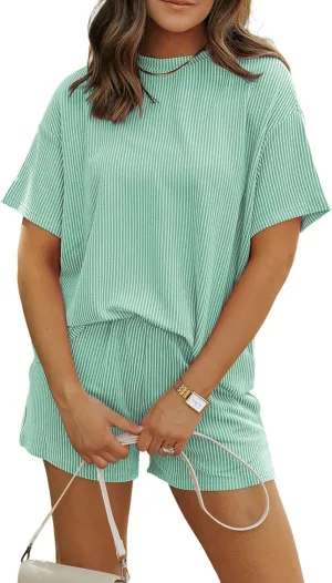 MARZXIN Women's 2 Piece Outfits Summer Tracksuit Ribbed Textured Knit Loose Lounge Shorts Set